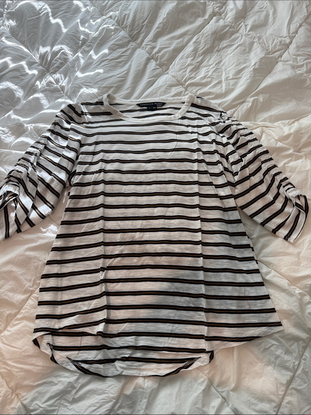 Veronica Beard Black and White Striped 3/4 Sleeve Tunic